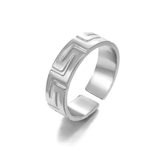 Bague ajustable en acier inoxydable argenté avec motif grec classique de méandres