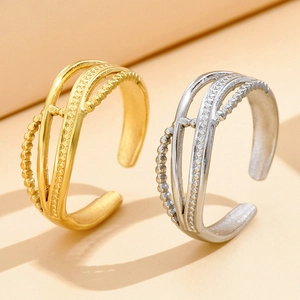 Minimalist stainless steel open rings with gold and silver multilayer beaded design