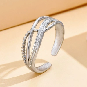 Adjustable silver stainless steel ring with multi-layer hollow wave and bead texture