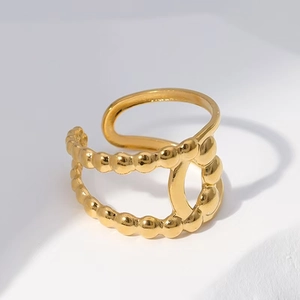 Vintage Korean style double-layer gold beaded open ring with high-polished finish