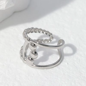 Silver multi-layer geometric open ring with minimalist beaded and twisted rope design