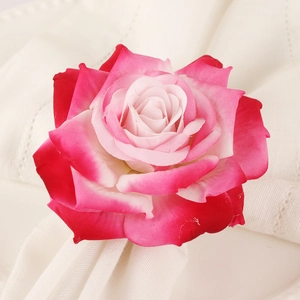 Elegant artificial rose napkin ring with pink gradient fabric petals for table decor