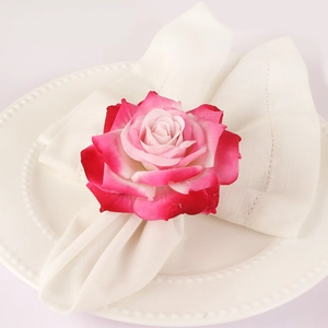 Realistic pink silk rose napkin ring handmade for elegant wedding table setting