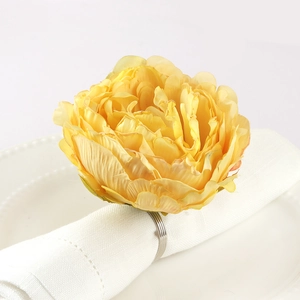 Handmade yellow peony napkin ring with silk petals and silver spiral metal holder