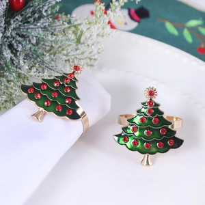 Gold Christmas Tree Napkin Ring Zinc Alloy Green Enamel Red Rhinestone Decorative Table Holder For Holiday Party Banquet