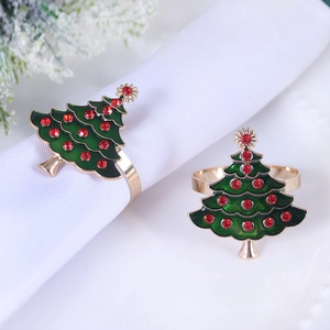 Christmas tree napkin ring with red rhinestones and green enamel on golden metal