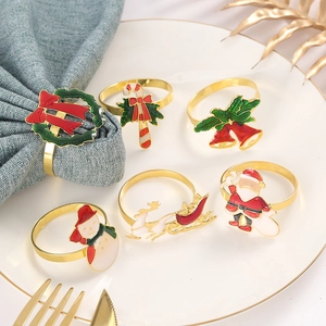 Festive Christmas Napkin Rings Zinc Alloy Enamel Santa Snowman Reindeer Bell Garland Candy Cane Gold Plated Table Decor
