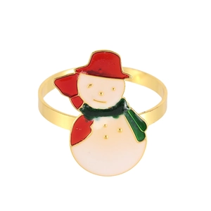 Christmas snowman napkin ring with gold metal base and colorful enamel drip finish