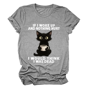 Detail of funny cat graphic and text print on grey crew neck cotton t-shirt