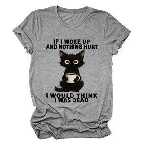 Detailed view of the soft cotton fabric and printed cartoon cat slogan on grey t-shirt