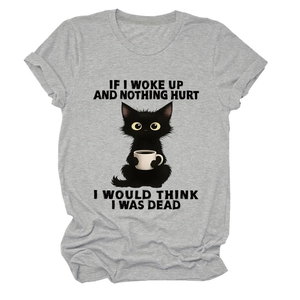 Detail of grey crewneck t-shirt with funny cat and coffee cup graphic print