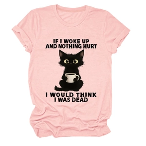 Pink cotton t-shirt featuring a funny black cat print and sarcastic slogan detail
