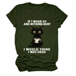 Flat lay detail of dark green cotton T-shirt featuring a funny black cat and coffee print