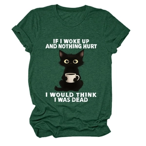 Detail of funny cartoon cat print and slogan on dark green cotton crew neck t-shirt