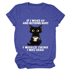 Detail of funny cartoon cat print and humorous quote on navy blue cotton T-shirt