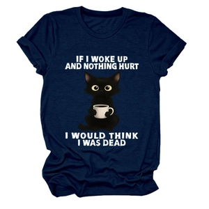 Detail of navy cotton t-shirt with funny cat and coffee print plus text graphic