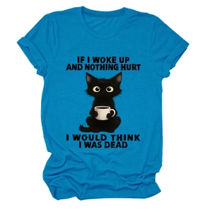 Detail of light blue cotton t-shirt featuring black cat coffee graphic and rolled cuffs