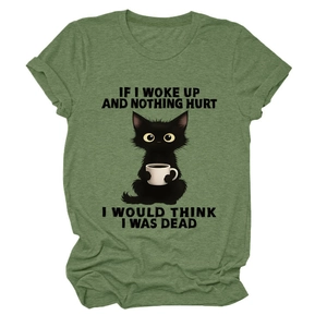 Close-up of funny black cat and coffee quote print on army green cotton t-shirt