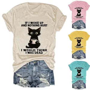 Funny Black Cat Drinking Coffee T-shirt Cotton Blend Humorous Slogan Crew Neck Casual Summer Top For Women Ladies