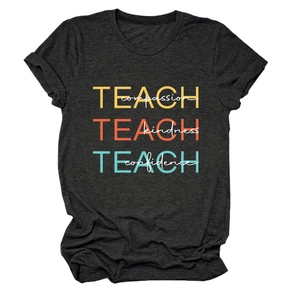 T-shirt en coton gris foncé avec imprimé Teach multicouche et col rond pour femmes