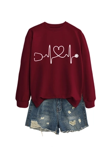Detail of ribbed crew neck and stethoscope heart graphic print on burgundy sweatshirt