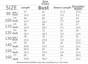 Detailed kids size chart for cat ice cream t-shirt showing measurements from 90 to 160