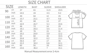 Detailed size chart for kids' t-shirt with measurements in centimeters and inches