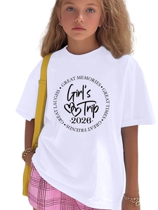 T-shirt fille en coton blanc avec inscription Girl's Trip 2026 noire et motif de cœur