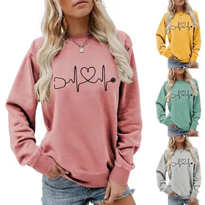Women Casual Stethoscope Heart ECG Print Crewneck Sweatshirt Long Sleeve Loose Pullover Fashion Autumn Winter Top Streetwear