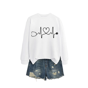 Women's white casual sweatshirt with heart stethoscope print and denim shorts
