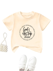 T-shirt fille beige décontracté col rond imprimé Girl's Trip 2026 avec mise en scène mode