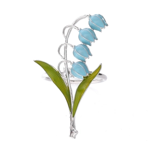 Handcrafted lily of the valley napkin ring with green enamel leaves and blue flowers
