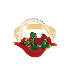 Christmas gift basket napkin ring with red and green enamel on a golden metal band
