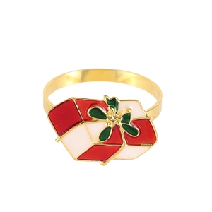 Christmas gift box napkin ring with red and green enamel on gold metal finish