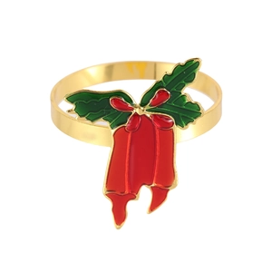 Detail showing Christmas napkin ring with green holly leaves and red ribbon bow