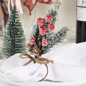 Christmas Napkin Rings Artificial Pine Needles Red Berries Pine Cones Twine Bow Rustic Holiday Table Decor
