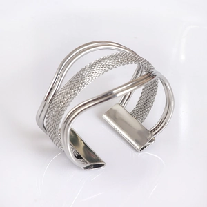 Modern silver multi-layered woven open napkin ring with metallic mesh bands and buckle