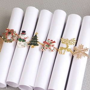 Detailed close-up of a 6-piece Christmas napkin ring set with colorful enamel holiday icons
