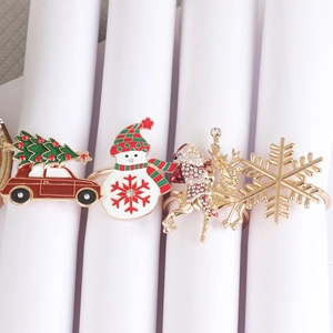 Detail of Christmas napkin rings featuring snowman, Santa, and reindeer designs