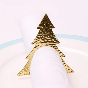 Golden Christmas tree napkin ring with hammered metal texture for festive table setting