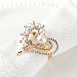 Hollow Heart Shaped Napkin Ring Gold Plated Zinc Alloy With Rhinestones And Faux Artificial Pearls For Wedding Valentine Dinner Decor