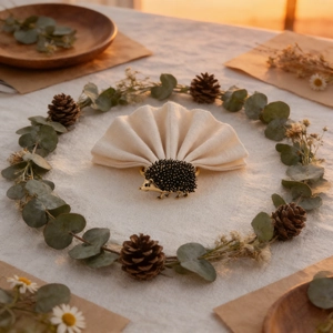 Détail d'un rond de serviette hérisson doré sur tissu beige parmi un décor rustique