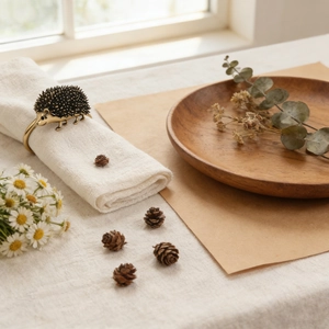 Rond de serviette hérisson doré sur lin blanc avec un décor de table rustique chic