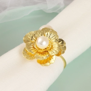 Ronds De Serviette Fleur Dorée Künstliche Perle Boucles De Serviette En Métal Pour Mariage Hôtel Dîner Décoration De Table Élégant