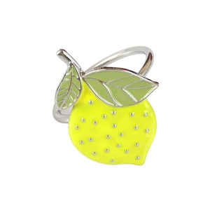 Artistic yellow lemon napkin ring with green leaves and silver metal finish on white back