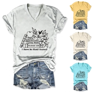 Detail of V-neck short sleeve T-shirt with bookish graphic print in multiple colors