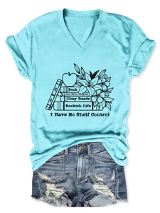 Flat lay of light blue V-neck cotton T-shirt with Bookish Life artistic print and text