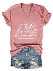 Detail of V-neck T-shirt showing floral book print and I Have No Shelf Control slogan