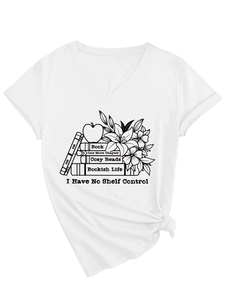 Detail of V-neck white cotton t-shirt featuring Bookish Life graphic and tied hem style