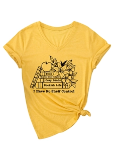 Detail of V-neck short sleeve T-shirt with Bookish Life print and tied hem design